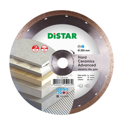Diamond cutting wheel with Distar branding and specifications on a white background