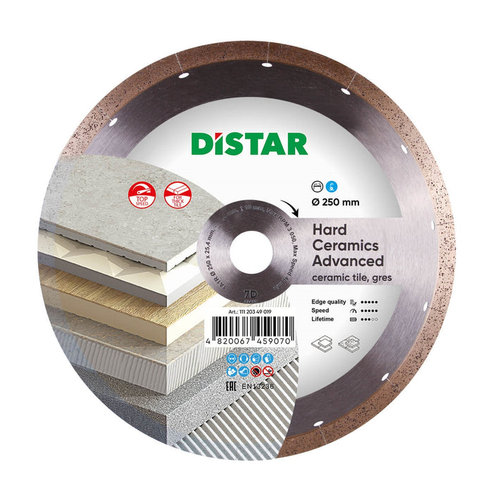 Diamond cutting wheel with Distar branding and specifications on a white background