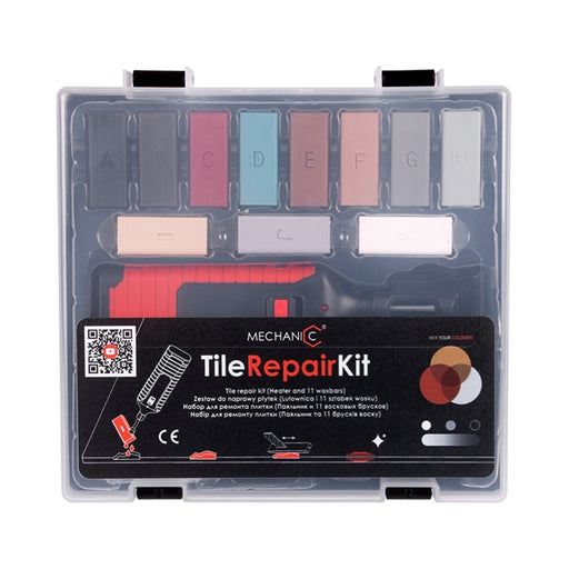 Tile repair kit with various colors of adhesive in a clear plastic case.