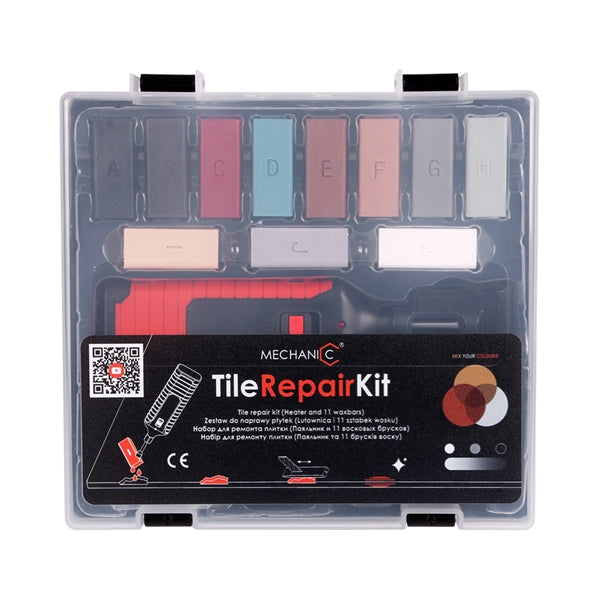 Tile repair kit with various colors of adhesive in a clear plastic case.