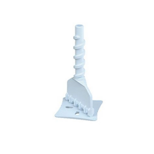 White plastic leveling spacer with a spiral design on a white background