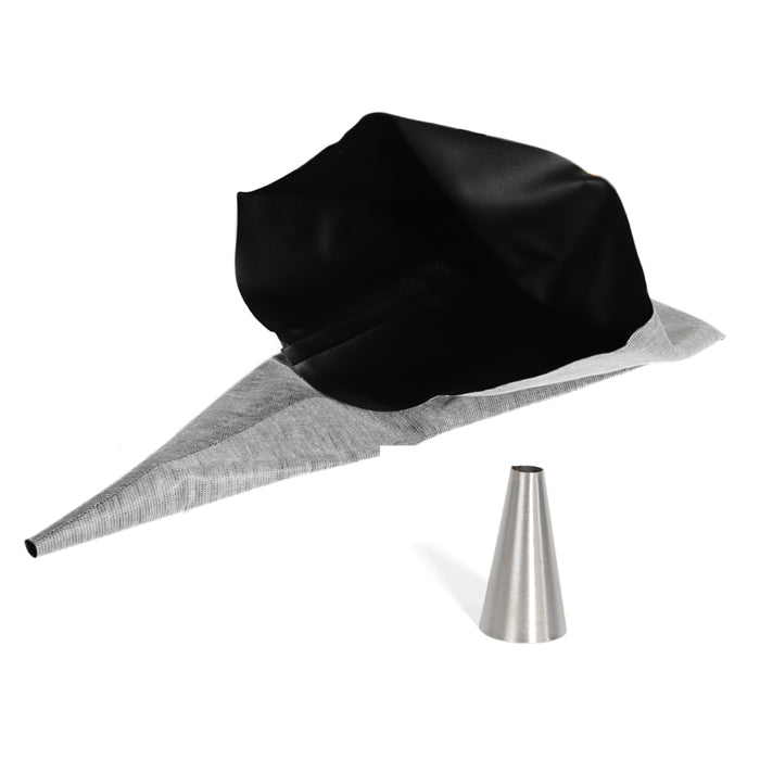 BIHUI Grout Bag with Steel Tip opened to show the black coated interior, with the stainless steel cone tip beside it