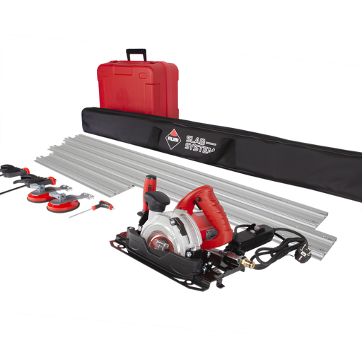 Construction tool set with circular saw, extension poles, and carrying case on a white background