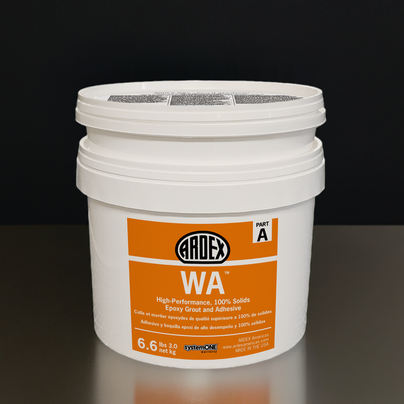 A white bucket of ARDEX WA High Performance, 100% Solids Epoxy Grout and Adhesive with product details and the brand logo visible on the label.